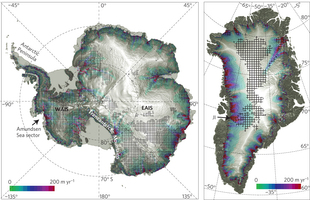 Shaded relief maps of Antarctica and Greenland showing regions of enhanced flow (in colour) and areas of the ice sheets grounded below sea level (hatched). Also shown are regions discussed in the text. JI refers to Jakobshavn Isbrae, a glacier that doubled in velocity during the late 1990s. J. L. Bamber & W. P. Aspinall, 2013