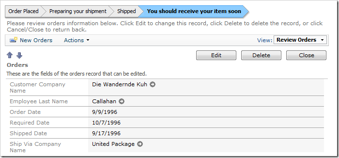 The status bar indicates that the order has been recently shipped. The status bar indicates that the order has been recently shipped.