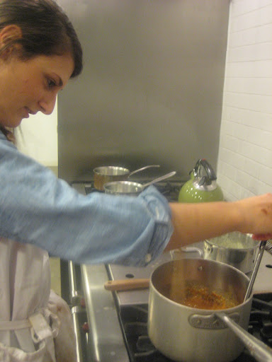 Our freelance recipe tester, Jesse Damuck, cooking sugar to make salted caramels.