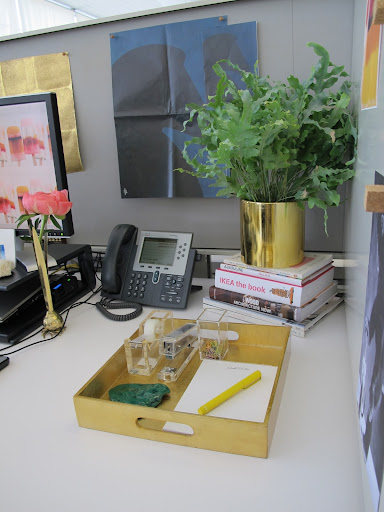 I am drawn to opposites. I love the way the lucite stapler and tape dispenser look in the gilded tray.