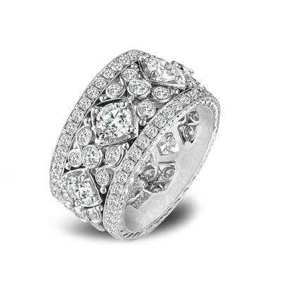 Looking for a wedding band you can wear on it's own? Jack Kelege platinum and diamond style features with ornate filigree work and hand-engraving.