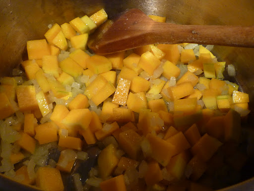 Butternut squash and onion sauteed until onion is tender.