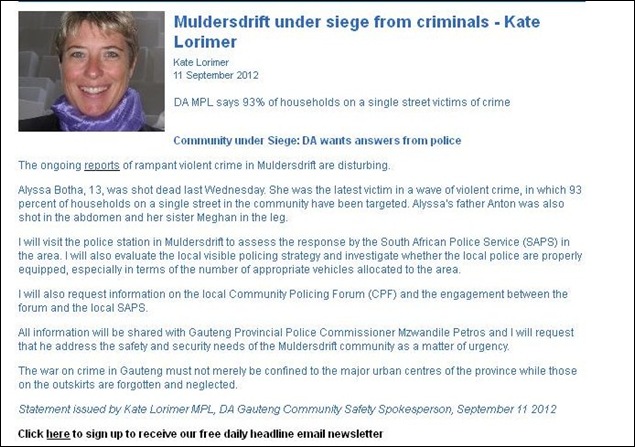 MULDERSDRIFT AREA UNDER SIEGE WARNS POLITICIAN SEPT 11 2012