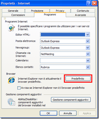 Impostare Internet Explorer come browser predefinito
