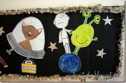 Space and Reading Themed Bulletin Board with characters from children's books!