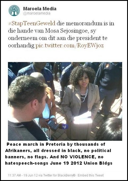 AFRIKANERS MARCH JUNE192012 MEMO HANDED TO ZUMA REP UNION BLDGS