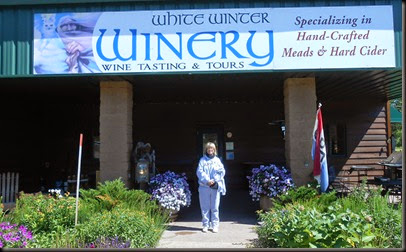 Marge in front of a winery in Iron River, WI
