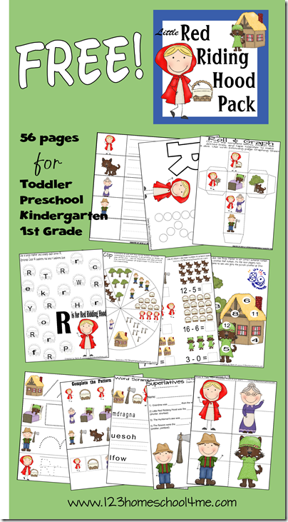 FREE Little REd Riding Hood Worksheets for Kids to practice pre-writing, cutting, tracing words, letter r, following directions, colors, subtraction, shapes, alphabetizing, story order, and more for toddler, preschool, prek, kindergarten, first grade, and homeschool.