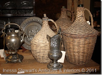 Antique Pewter and Wicker-Covered Wine Bottles
