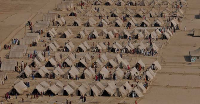 An aerial view shows the army camp of flood effected people in Umar Kot on 27 November 2011. Aid groups warned on November 9 that vital relief efforts for five million people affected by floods in Pakistan's fertile southern belt could be cut back because of a shortfall in foreign donations. AFP
