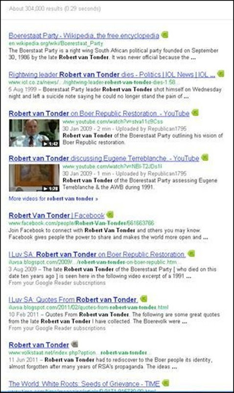 Boerestaat Party Robert van Tonder Google results 304000 Dec 23 2011