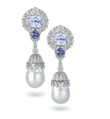 Looking for a little something blue? Stunning blue sapphires meld with diamonds and white South Sea pearls in Deirdre Featherstone's platinum earrings.