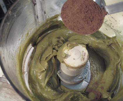 Yes, it's green with the avocado in. Don't worry, it will be rich brown with the cocoa (and no one need know...). Yes, it's green with the avocado in. Don't worry, it will be rich brown with the cocoa (and no one need know...).