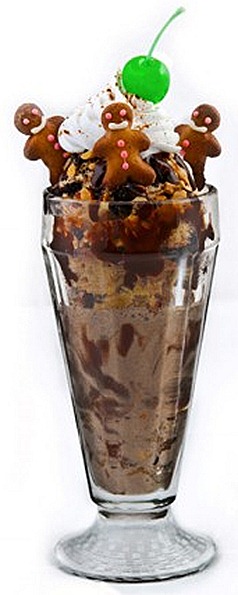 Swensens Christmas Sundae Gingerbread House Ginger boy, cappuccino cookie ice cream, ginger cubes, chocolate fudge almonds Swensens Christmas Sundae Gingerbread House Ginger boy, cappuccino cookie ice cream, ginger cubes, chocolate fudge almonds