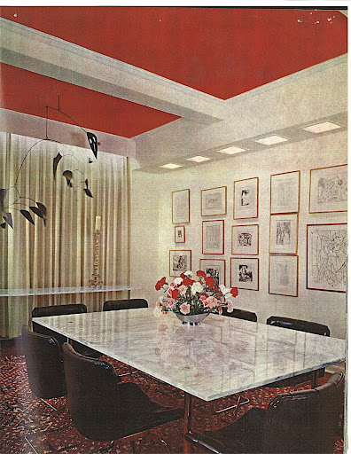 Strong, bold color goes a long way and gives the illusion of height.  I don't know that I would want a red ceiling but a beautiful sky/powdery blue would be heavenly. I do love the carnations on the table, though! They are, in fact, my favorite flower. 
(image source unknown)