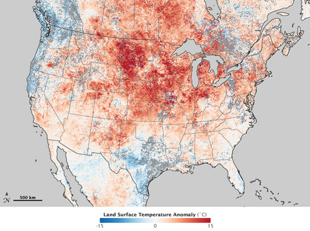 Summer in March 2012. The colors show the difference from average temperatures from 13-19 March 2012 in degrees C. The dark red areas were 15° C (27°F) above average for this period. NASA
