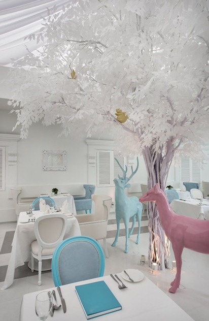 interior design dining room hotel white whimsical 