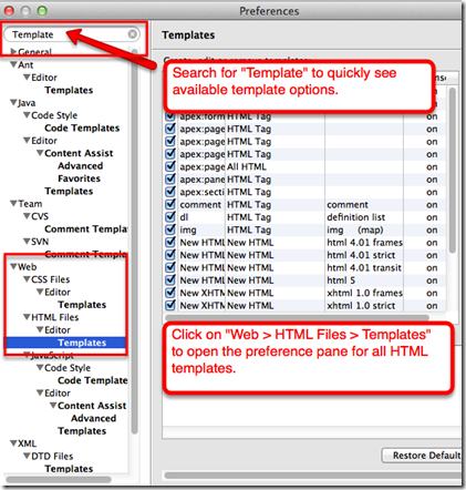 Eclipse Preferences Pane with Template Search Text
