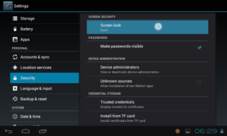 Mengklik menu Screen lock di aplikasi Settings tablet Android ICS