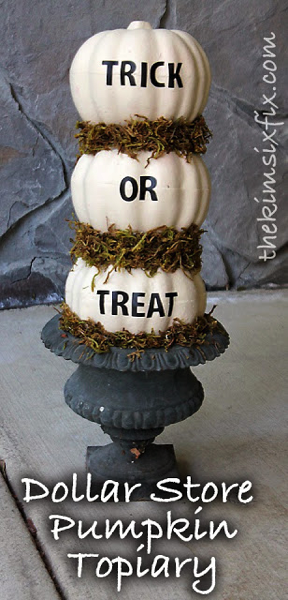 Easy Dollar Store Pumpkin Topiary.. paint them, put them on a skewer and add stick on letters