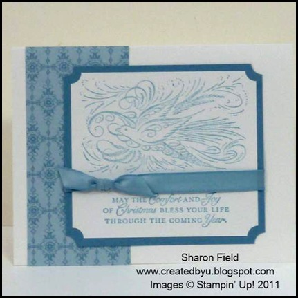 The_Sounding_Joy, Sharon_Field, Brushed_Gold,Quilted_Satin_Ribbon, CAS, 5_minute_Cards, Christ_The_King, camp, Holiday Mini Catalog, Lovely_As_A_Tree, Petite_Pairs, Bright_Hopes, Rhinestones, Frostwood_Lodge, Dasher, Gods_Blessings, Comfort and Joy, Marina_mist