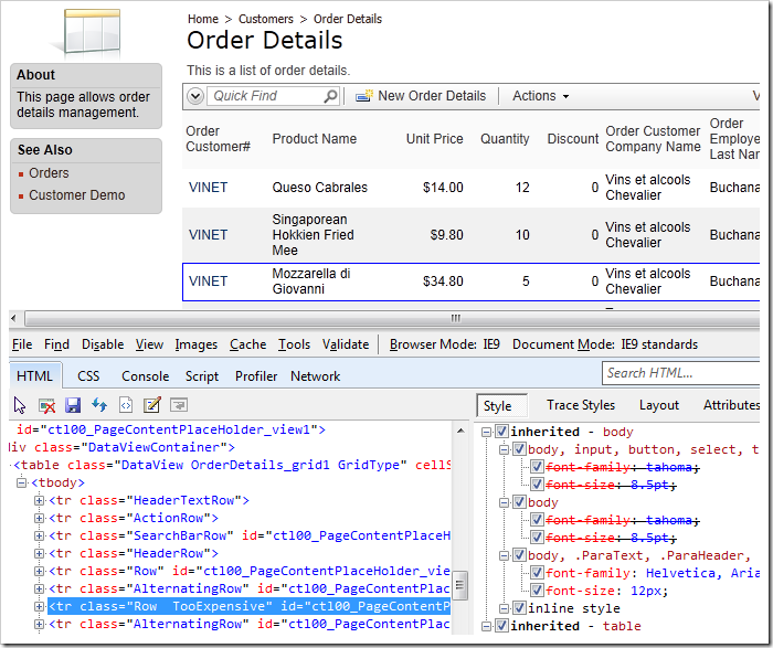 Inspecting a row in the Order Details grid view, you can see that the proper CSS classes have been assigned. Inspecting a row in the Order Details grid view, you can see that the proper CSS classes have been assigned.