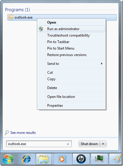 outlook.exe Run as administrator