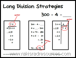 Free printable poster with three different strategies to solve a long division problem.