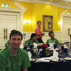 The Herbalife Marco Polo Cycling Team having lunch at the Ritz Carlton Hotel in Kuala Lumpur, team manager Henk Schipper in the front and the just married Haidar Anuawar and Nabila Syuhaidar.