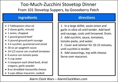 too-much-zucchini stovetop dinner recipe card