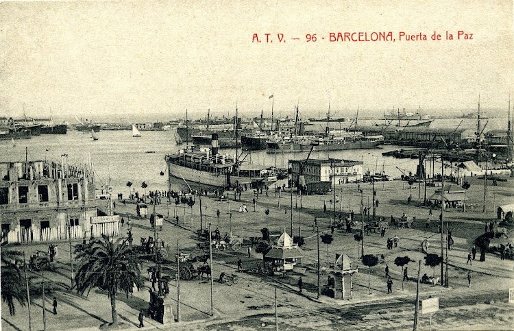El MIRAMAR y el embarcadero de Barcelona en construcción. Postal.JPG