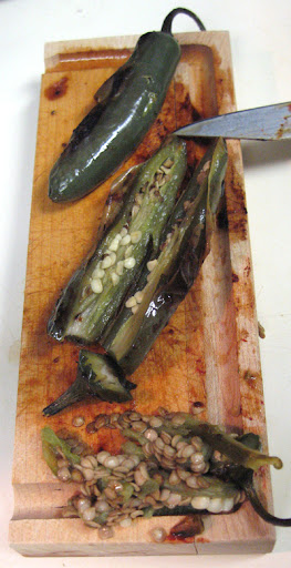 I use a fork and sharp knife to trim and scrape out the seeds for less heat. Never touch the peppers with your bare hands! I use a fork and sharp knife to trim and scrape out the seeds for less heat. Never touch the peppers with your bare hands!