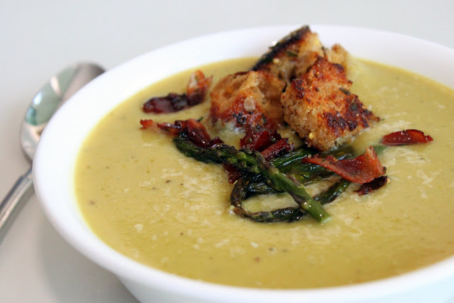 Asparagus + White Bean Soup with Pancetta Croutons