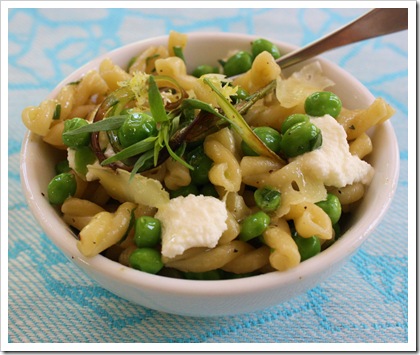 pasta, fresh peas, garlic scapes, ricotta, tarragon, lemon zest, sprout creek toussaint cheese