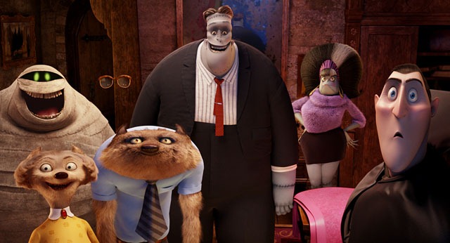 (L to R, counterclockwise) Murray the Mummy (Cee-Lo Green), Griffin-The Invisible Man (David Spade), Frank (Kevin James), Eunice (Fran Drescher), Dracula (Adam Sandler), Wayne (Steve Buscemi) and Wanda (Molly Shannon) in HOTEL TRANSYLVANIA, an animated film from Sony Pictures Animation.