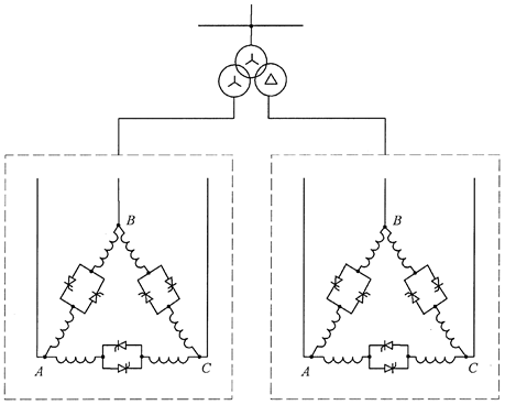 Arrangement of 12-pulse TCR configuration with double-secondary transformer