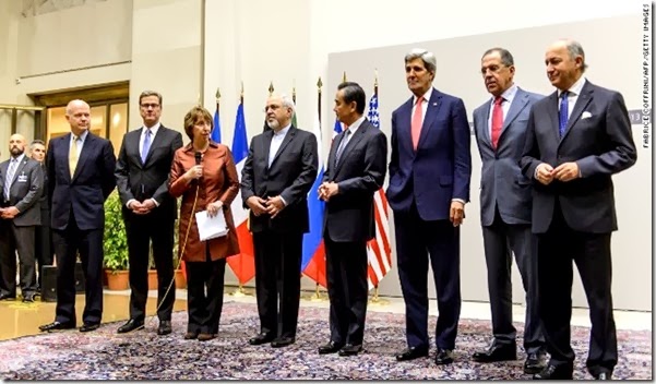 From left to right: British Foreign Secretary William Hague, German Foreign Minister Guido Westerwelle, EU foreign policy chief Catherine Ashton, Iranian Foreign Minister Mohammad Javad Zarif, Chinese Foreign Minister Wang Yi, U.S. Secretary of State John Kerry, Russian Foreign Minister Sergei Lavrov and French Foreign Minister Laurent Fabius.