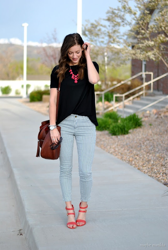 striped pants + black top + coral accessories // www.maybematilda.com