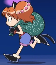 Reinya in cat burglar mode running from sirens with a bag of presumable booty slung over her shoulder