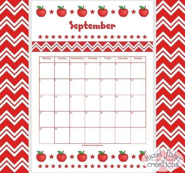 September 2014 free printable calendar red apple hazel fisher creations