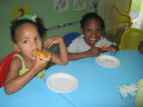 Ayline and Katy are almost done with their first slice.