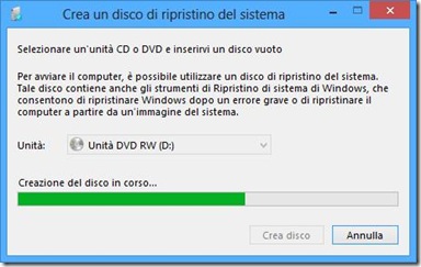 Windows 8 Creazione del disco di ripristino in corso Windows 8 Creazione del disco di ripristino in corso