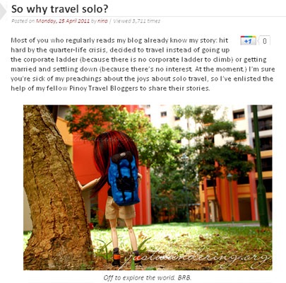 Pinoy Travel Bloggers' Blog Carnival on Traveling Solo - JustAnotherPixel.net