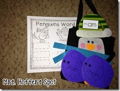 The word family is on each of the hats, and the kiddos will have to feed the penguin with the word fish.