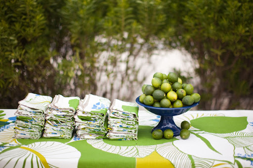 Patterned linens added bold color and texture to the lunch's beachside buffet spread of plantain chips and dips, ceviches, salads, and tacos.