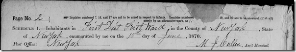 1870 Census, 1st enumeration of New York City 1st Ward, 1st District, page 2