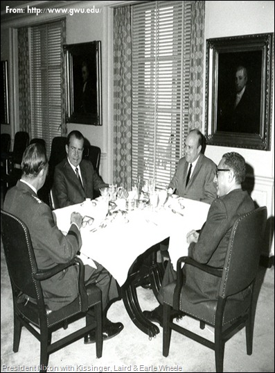 President Nixon, national security assistant Kissinger, Secretary of Defense Laird, and Joint Chiefs of Staff Chairman Earle Wheele