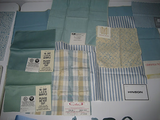 Some fabric swatches in blues.