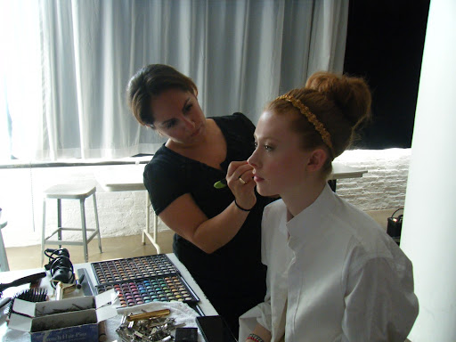 It was a little chilly on set, so the model slipped on a tuxedo shirt from our wardrobe closet.