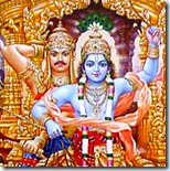 [Krishna and Arjuna on chariot]